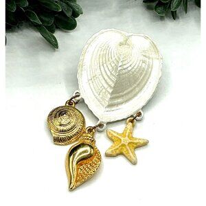 Handcrafted Seashell and Gold-Tone Charm Brooch Pin With Starfish and Shell Acce